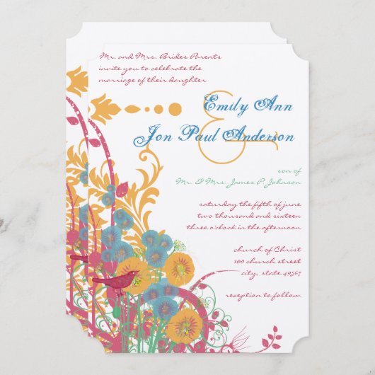 Aqua Beeswax Raspberry Wild Flower Bird Wedding Kaart (Voorkant / Achterkant)