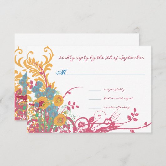 Aqua Beeswax Raspberry Wild Flower Bird Wedding Kaart (Voorkant / Achterkant)