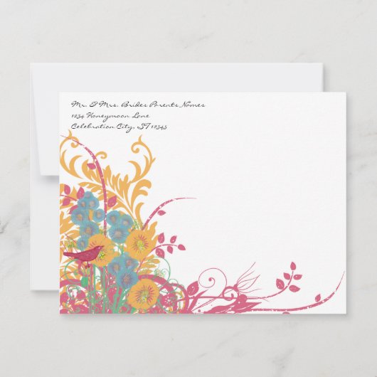 Aqua Beeswax Raspberry Wild Flower Bird Wedding Kaart (Achterkant)