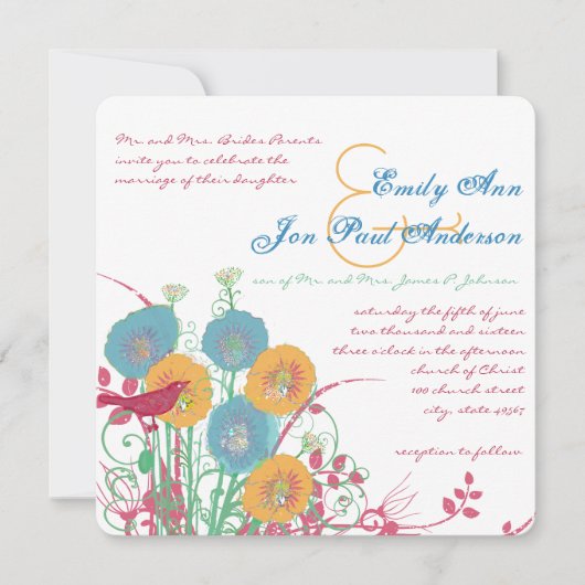 Aqua Beeswax Raspberry Wild Flower Bird Wedding Kaart (Voorkant)