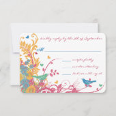Aqua Beeswax Raspberry Wild Flower Bird Wedding RSVP Kaartje (Voorkant)