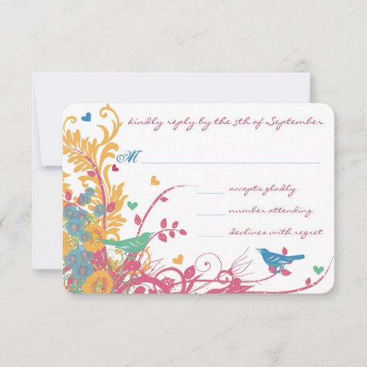 Aqua Beeswax Raspberry Wild Flower Bird Wedding RSVP Kaartje (Voorkant)