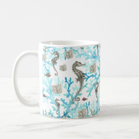 Aqua Beige zeepaardje Ocean Sealife Koffiemok (Links)
