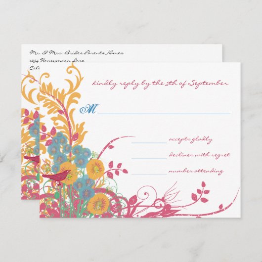 Aqua Bijenwas Framboos Wilde Bloem Vogel Bruiloft Kaart (Voorkant / Achterkant)