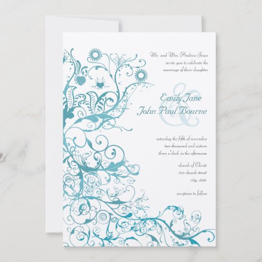 Aqua Birds Swirls Wedding Invites Kaart (Voorkant)
