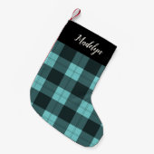 Aqua & Black Buffalo Plaid Gepersonaliseerd Kleine Kerstsok (Voorkant (Hangend))