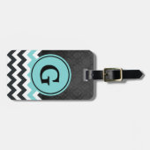 Aqua Black Chevron Damask Monogram Bagagelabel (Voorkant horizontaal)