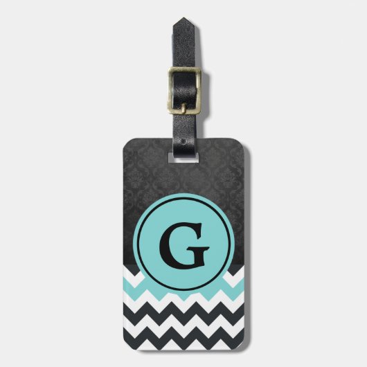 Aqua Black Chevron Damask Monogram Bagagelabel (Voorkant verticaal)