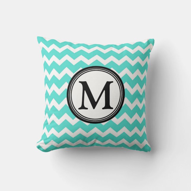 Aqua Black Chevron Monogram Decoratief Pillow Kussen (Voorkant)