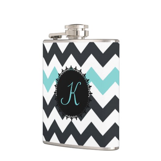 Aqua Black Chevron Monogram Flask Heupfles (Links)