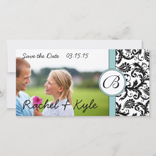 Aqua & Black Damask Sparen de Datum Uw Foto Save The Date (Voorkant)
