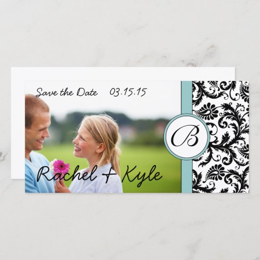 Aqua & Black Damask Sparen de Datum Uw Foto Save The Date (Voorkant / Achterkant)