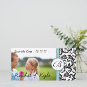 Aqua & Black Damask Sparen de Datum Uw Foto Save The Date (Staand voorkant)