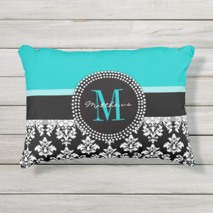 Aqua Black Damask Uw monogram naam Buitenkussen