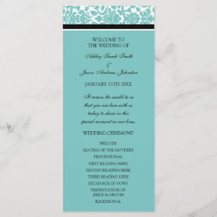 Aqua Black Damask Wedding Program Programmakaart