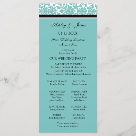 Aqua Black Damask Wedding Program Programmakaart (Achterkant)