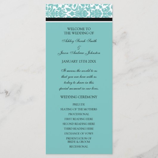 Aqua Black Damask Wedding Program Programmakaart (Voorkant)