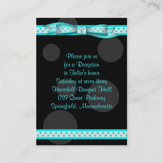 Aqua Black Dot Ribbon Bat Mitzvah Receptie Kaart (Voorkant)