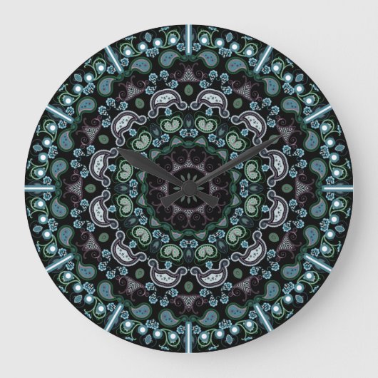 Aqua, Black en Sage Boho Style Paisley Grote Klok (Voorkant)