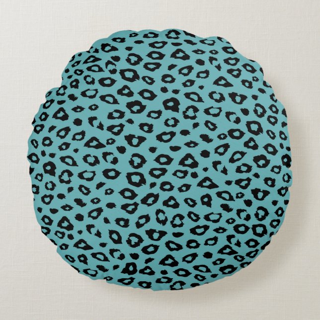 Aqua Black Leopard Print Rond Kussen (Voorkant)
