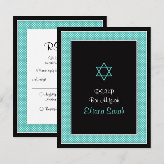 Aqua Black Mini Polka Dots Bat Mitswa RSVP-kaart RSVP Kaartje (Voorkant / Achterkant)