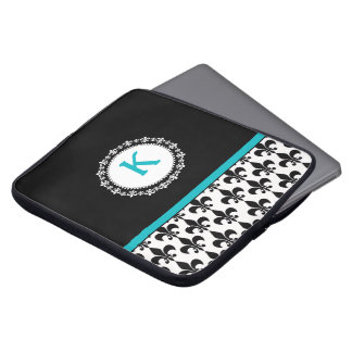 Aqua Black Monogram Fleur de Lis Laptop Sleeve
