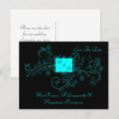 Aqua Black Monogram Floral Swirls Bewaar de datum Aankondigingskaart (Voorkant / Achterkant)