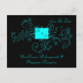 Aqua Black Monogram Floral Swirls Bewaar de datum Aankondigingskaart (Voorkant)