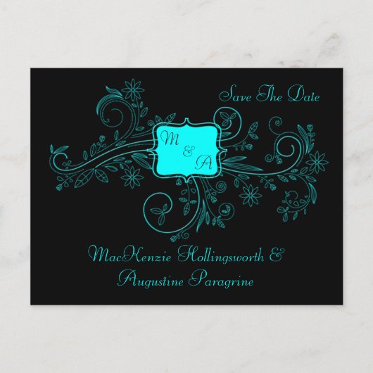 Aqua Black Monogram Floral Swirls Bewaar de datum Aankondigingskaart (Voorkant)