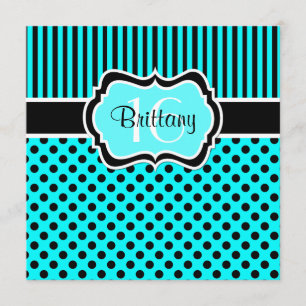Aqua, Black Polka Dot Zestiende verjaardag Uitnodi Kaart