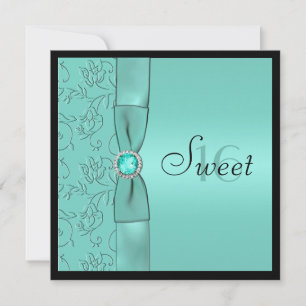 Aqua, Black PRINTED RIBBON Sweet Sixteen Invite Kaart