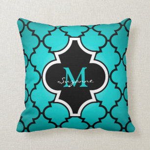 Aqua Black Quatrefoil Pattern Monogrammed Pillow Kussen