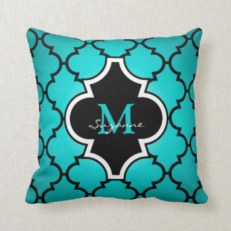 Aqua Black Quatrefoil Pattern Monogrammed Pillow Kussen