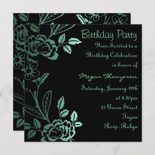 Aqua & Black Roos Leaf Verjaardagsuitnodiging Kaart (Voorkant / Achterkant)
