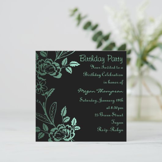 Aqua & Black Roos Leaf Verjaardagsuitnodiging Kaart (Staand voorkant)