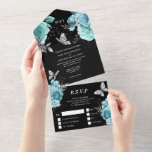 Aqua Black Silver glam Butterfly roos floral chic