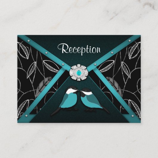 Aqua & Black Tortelduifjes bruiloft receptie Kaart (Voorkant)