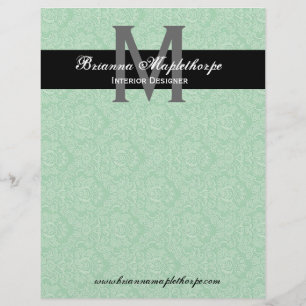 Aqua Black White Damask Monogram Letterhead Gepersonaliseerd Briefhoofd