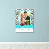 Aqua, Black, White Damask Wedding Canvas Afdruk (Insitu (Houten vloer))