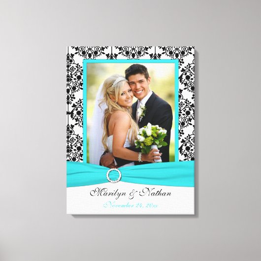 Aqua, Black, White Damask Wedding Canvas Afdruk (Voorkant)