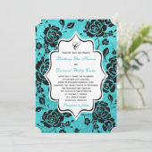 Aqua Black White Floral Damask Wedding Invitation Kaart (Staand voorkant)