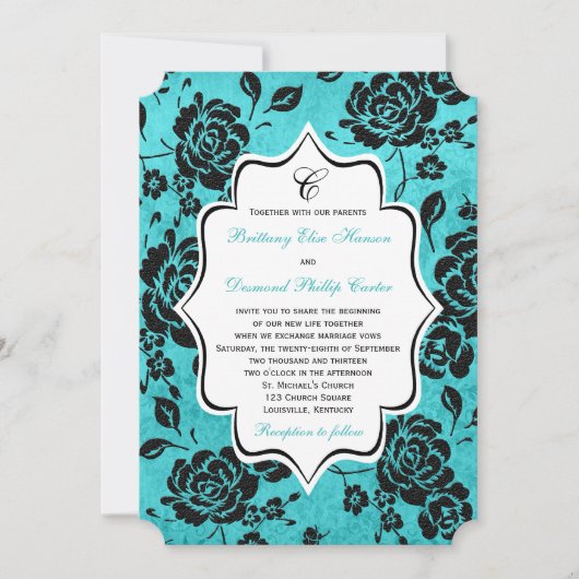 Aqua Black White Floral Damask Wedding Invitation Kaart (Voorkant)