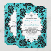 Aqua Black White Floral Damask Wedding Invitation Kaart (Voorkant / Achterkant)