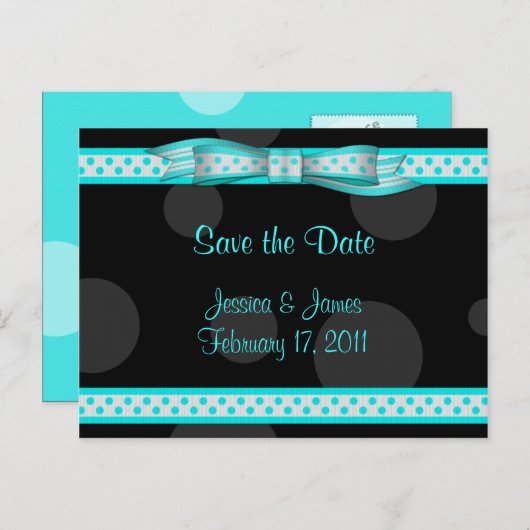 Aqua Black White Polka Dot Save the Date Briefkaar Aankondigingskaart (Voorkant / Achterkant)