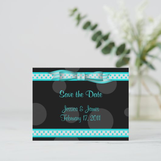Aqua Black White Polka Dot Save the Date Briefkaar Aankondigingskaart (Staand voorkant)