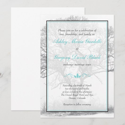 Aqua Black White Winter Tree Weddenschap Kaart (Voorkant / Achterkant)