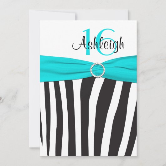 Aqua, Black, White Zebra 16th Birthday Invitation Kaart (Voorkant)
