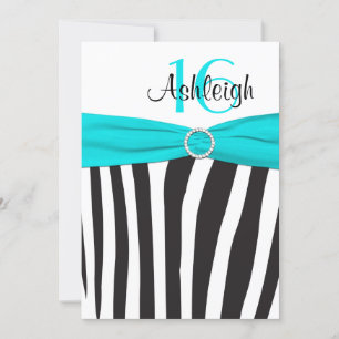 Aqua, Black, White Zebra 16th Birthday Invitation Kaart