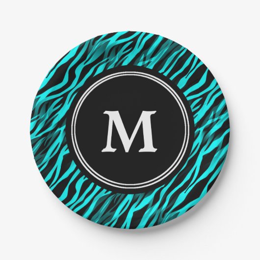 Aqua Black Zebra Stripe Monogram Papier Bord (Voorkant)