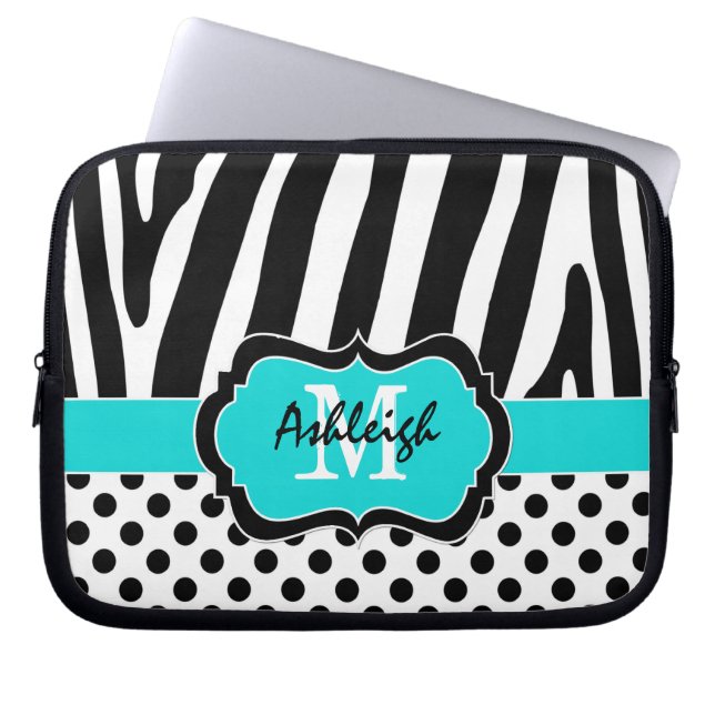 Aqua Black Zebra Stripes Polka Dots notebook Hoesj Laptop Sleeve (Voorkant)